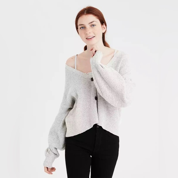 American Eagle XS Gray Cropped Balloon Sleeve Cardigan - Picture 1 of 10